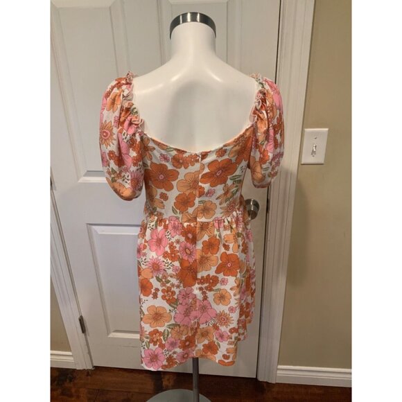Eilly Bazar White Pink Orange Floral Crepe Puff Sleeve Mini Dress, Size XS, NWT! - Picture 6 of 7